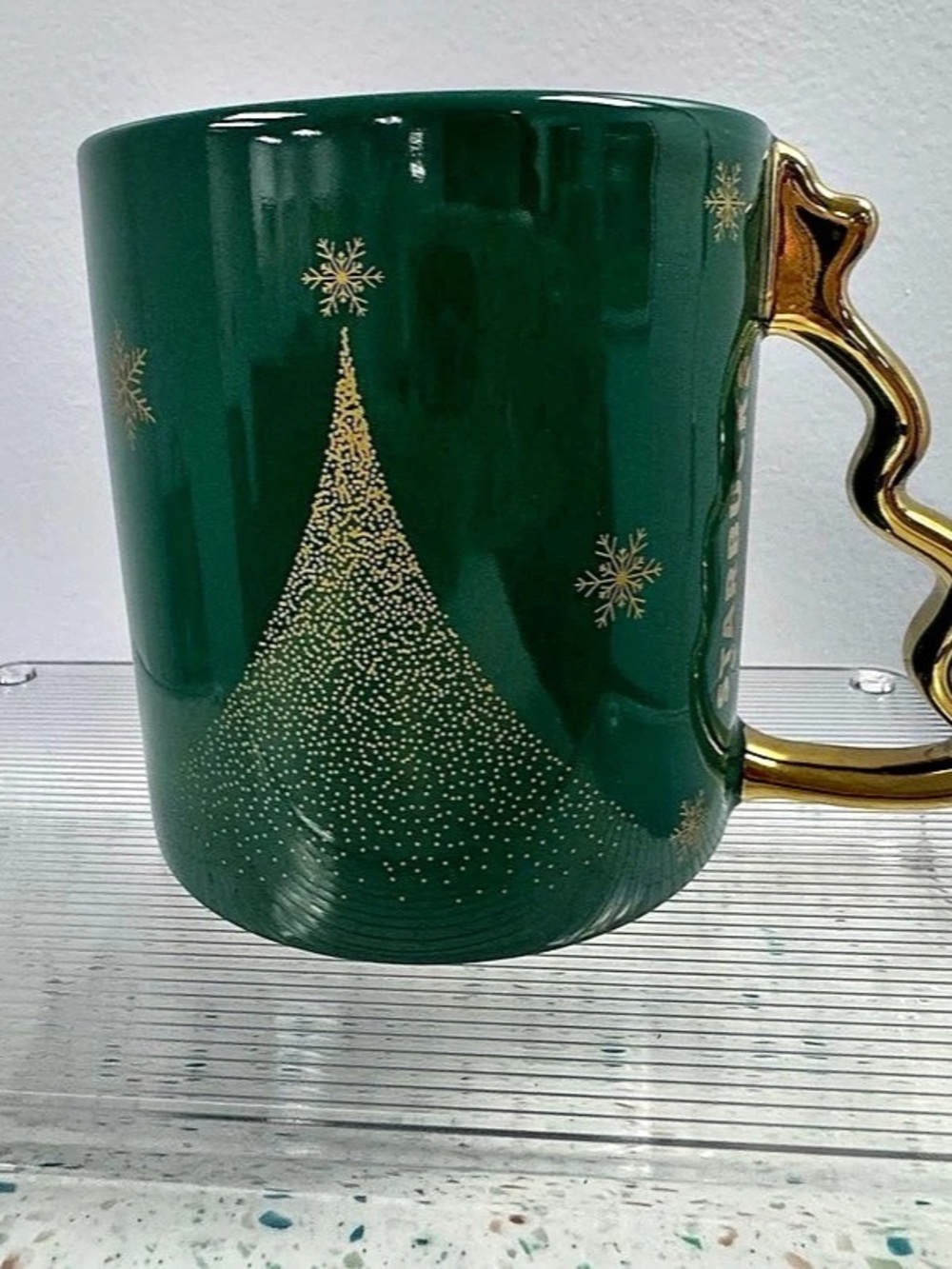 Starbucks Christmas Tree Handle Ceramic Mug Green & Gold
